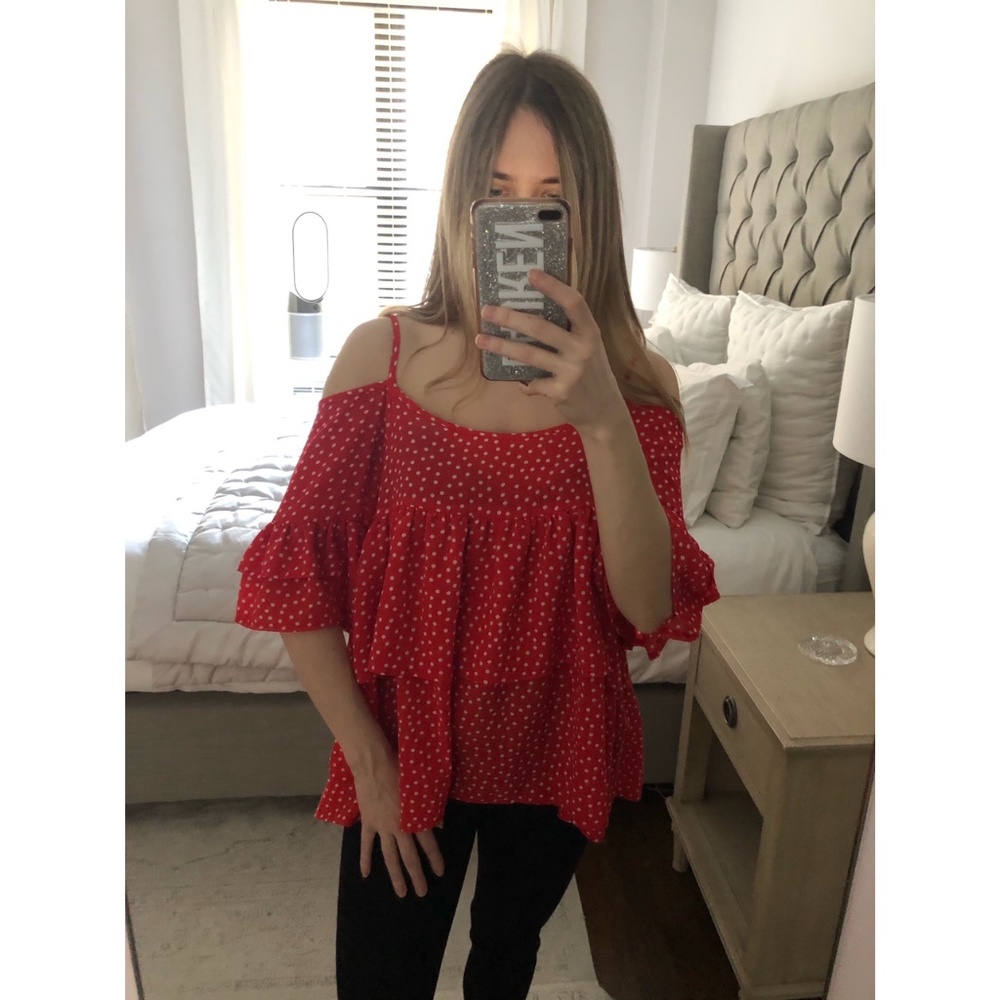 Y.A.S @ ASOS Off / Cold Shoulder Red Frilled Top